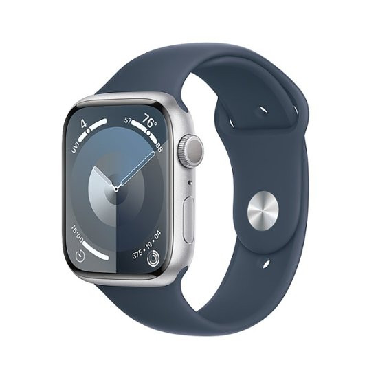 Apple Watch Series 9 GPS 45mm Silver Aluminum Case w. Storm Blue Sport Band - S/M (MR9D3)