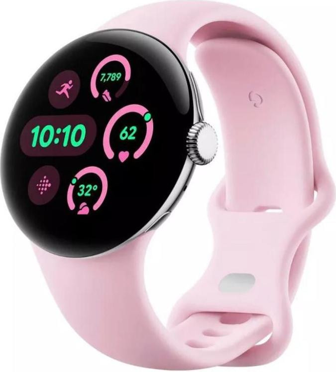 Google Pixel Watch 3 41 mm Wi-Fi Polished Silver Aluminum Case-Rose Quartz Active Band
