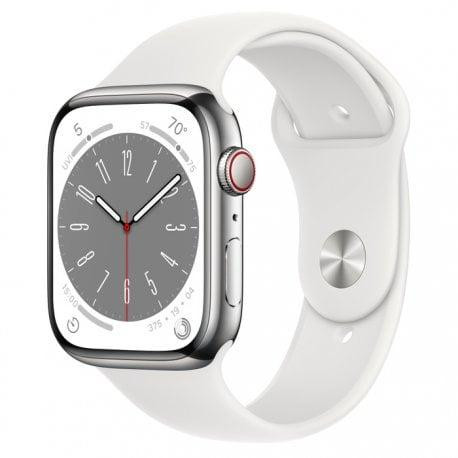 Apple Watch Series 8 GPS + Cellular 45mm Silver S. Steel Case w. White S. Band (MNKE3)